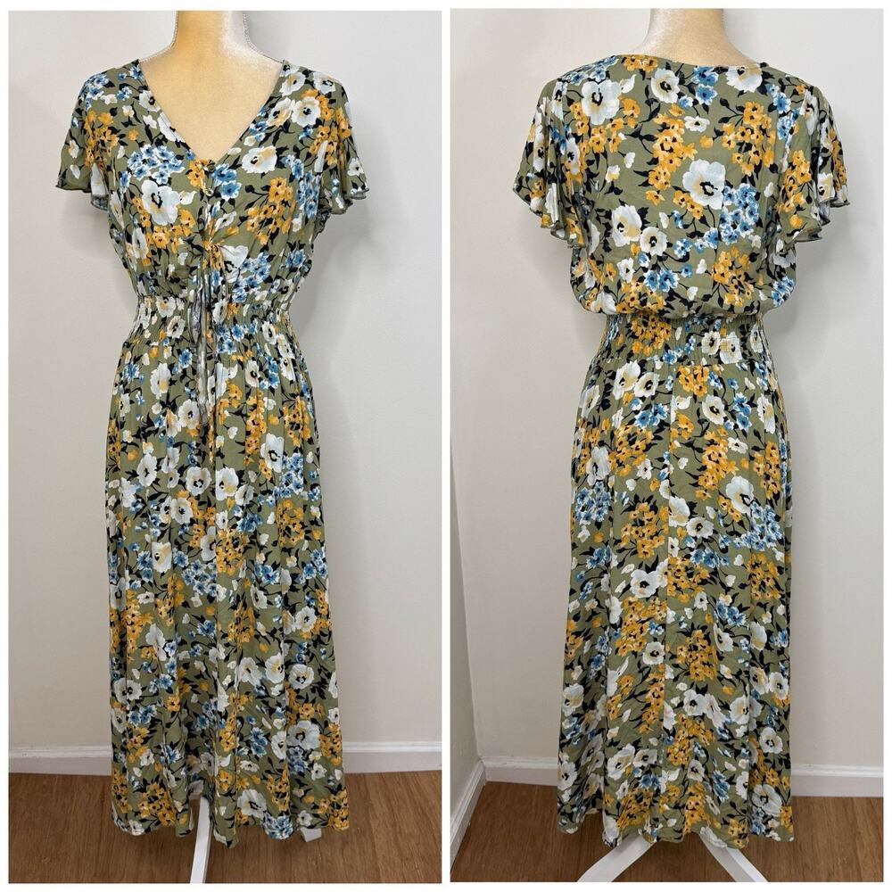 Anthropologie Sunday Mi Amor Floral Midi Dress Size XS Multicolor Smocked Waist